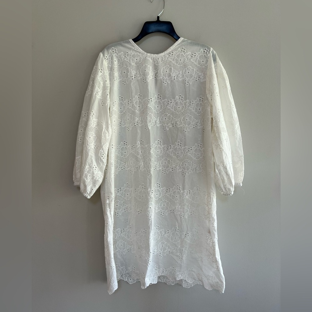 Natalie Martin Lisa Cotton White Eyelet 3/4 Balloon Sleeves Crew Neck Dress, XL - Picture 2 of 12